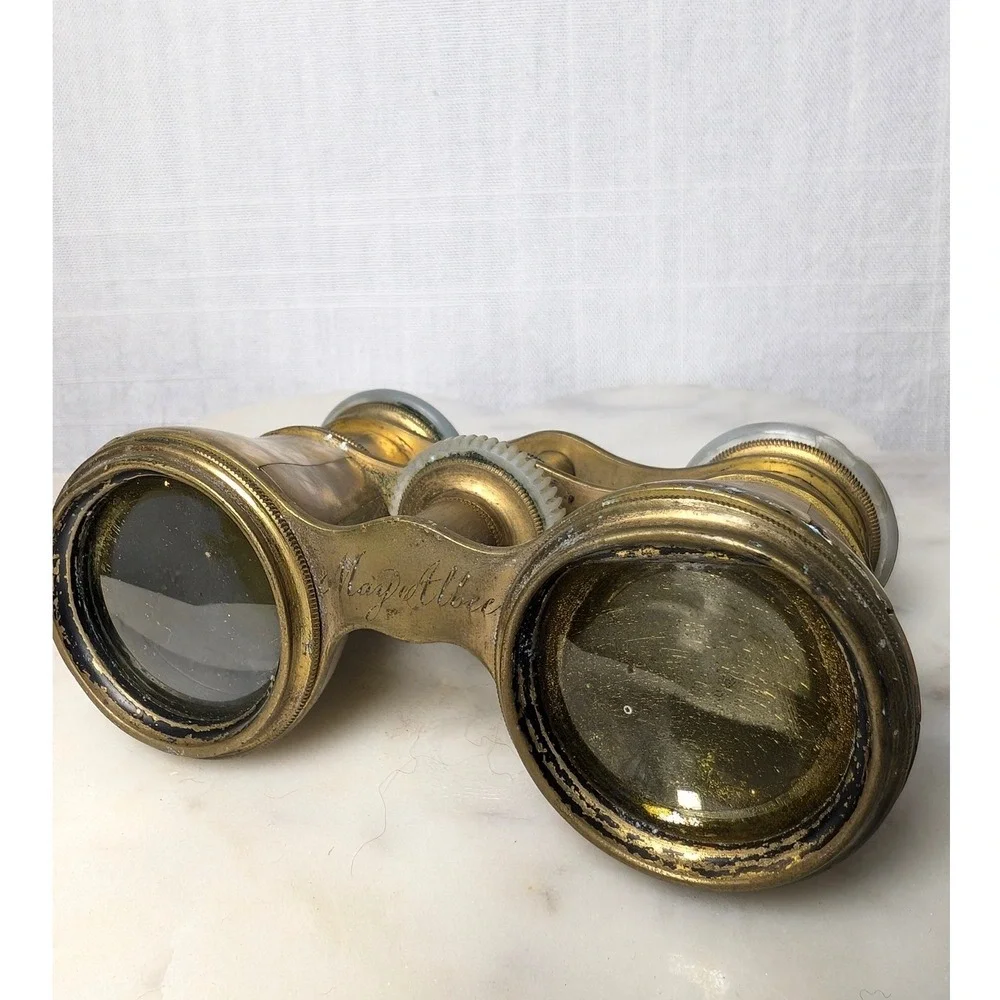 Antique French Mother of Pearl Brass Opera Glasses Le Souverain Paris Binoculars